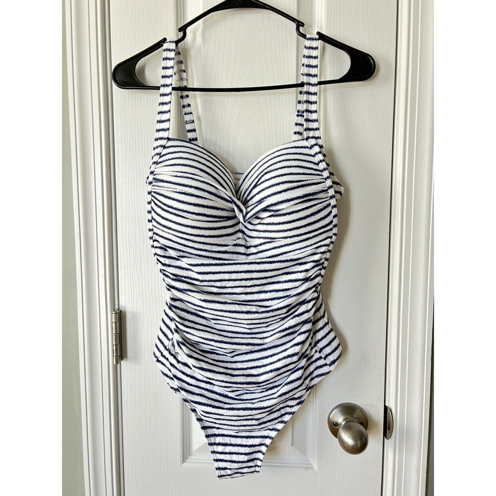Nip Tuck Swim Womens 10 One Piece Swimsuit Navy White Stripe Ruched Molded Cup